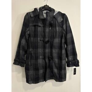 INC International Concepts Wool Blend Plaid Toggle Coat Jacket Gray Check Hooded